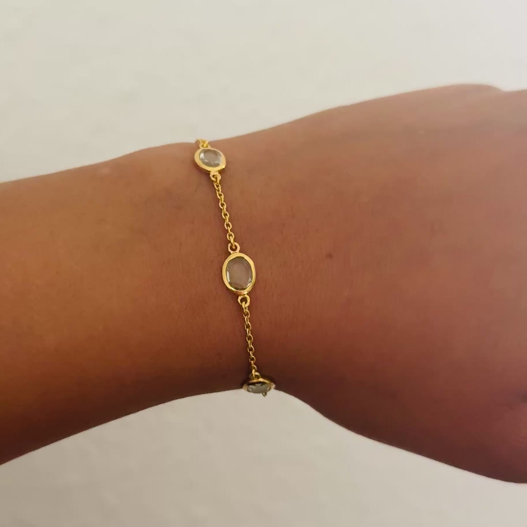 Four Oval Shaped Green Amethyst Gemstone Adjustable Bracelet in Vermeil Gold