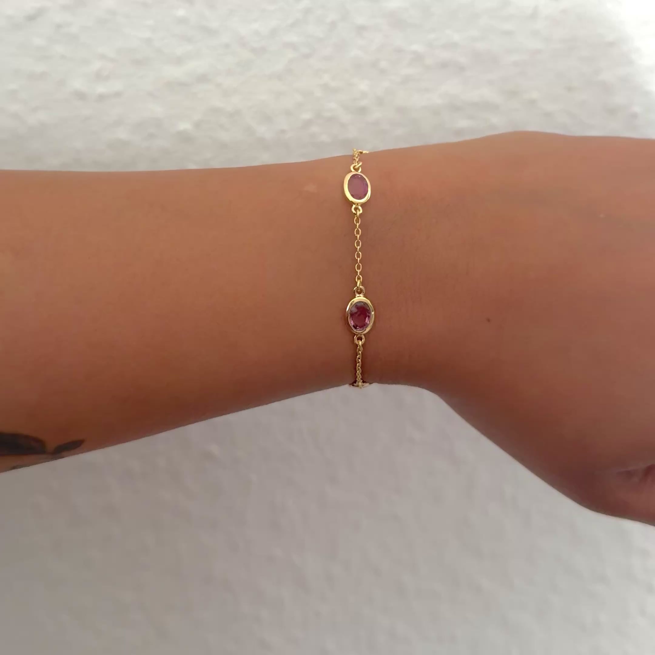 Four Oval Shaped Green Pink Tourmaline Gemstone Adjustable Bracelet in Vermeil Gold