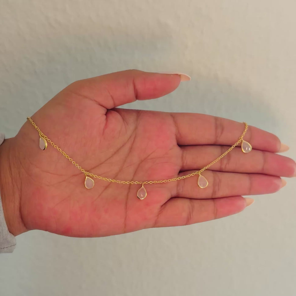 Five Teardrop Shaped Rose Quartz Gemstone Necklace in Vermeil Gold Milina London 