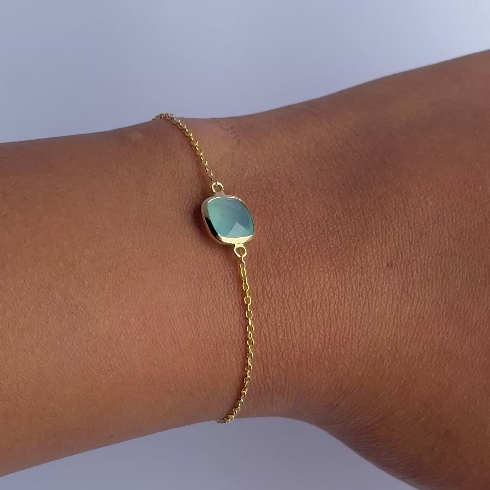 Minimal Adjustable Bracelet in 3 micron 18k Gold Plated Sterling Silver with a Squared Shaped Aqua Chalcedony Gemstone