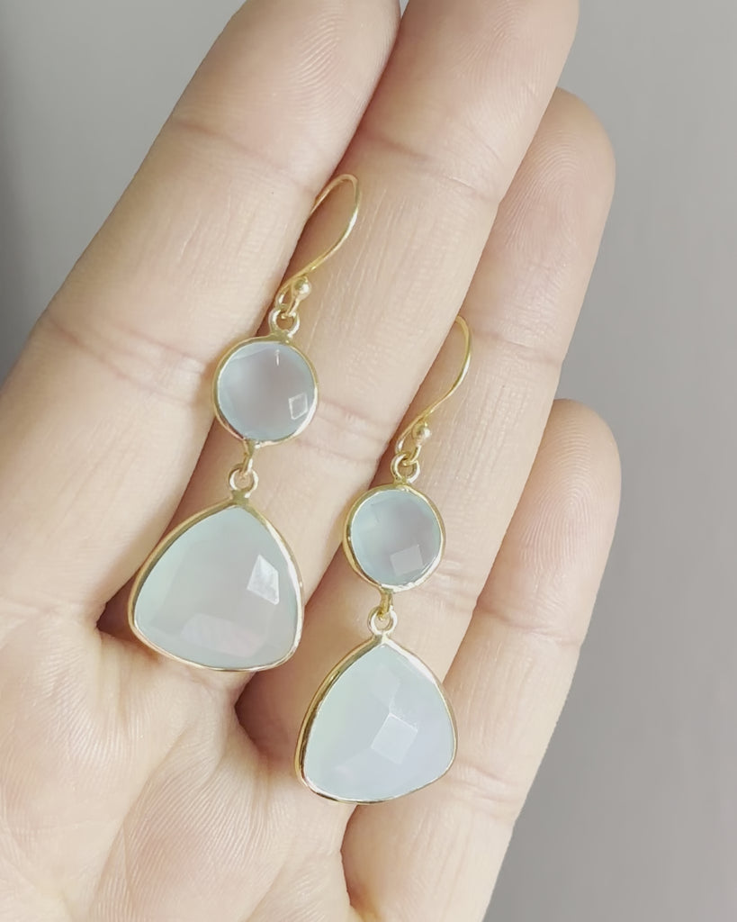 Aqua Chalcedony Gemstone Earrings in Gold Plated Sterling Silver - Triangular