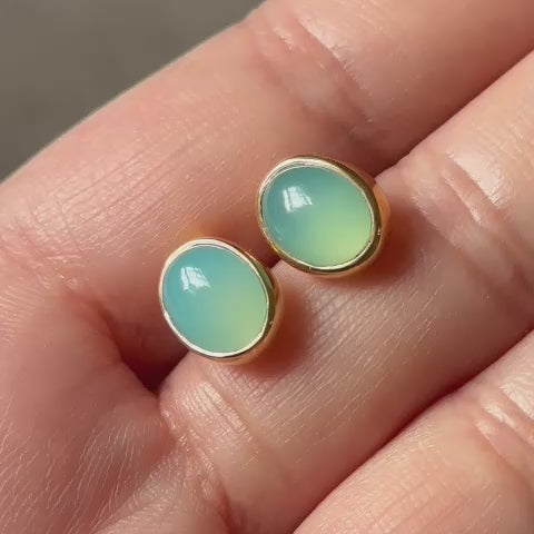 Gold Plated Sterling Silver Oval Stud Earrings with Cabochon Cut Aqua Chalcedony Gemstone