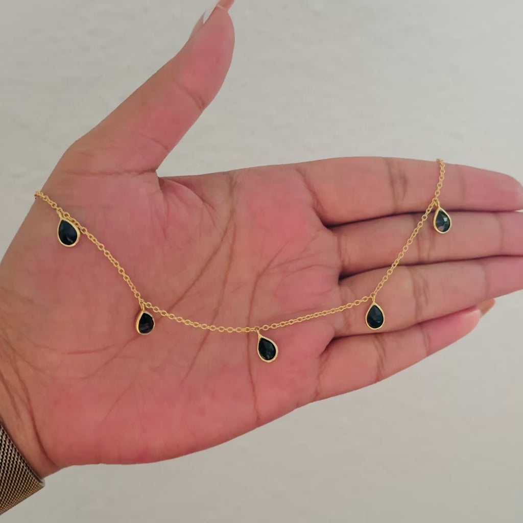 Five Teardrop Shaped Black Onyx Gemstone Necklace in Vermeil Gold Milina London 