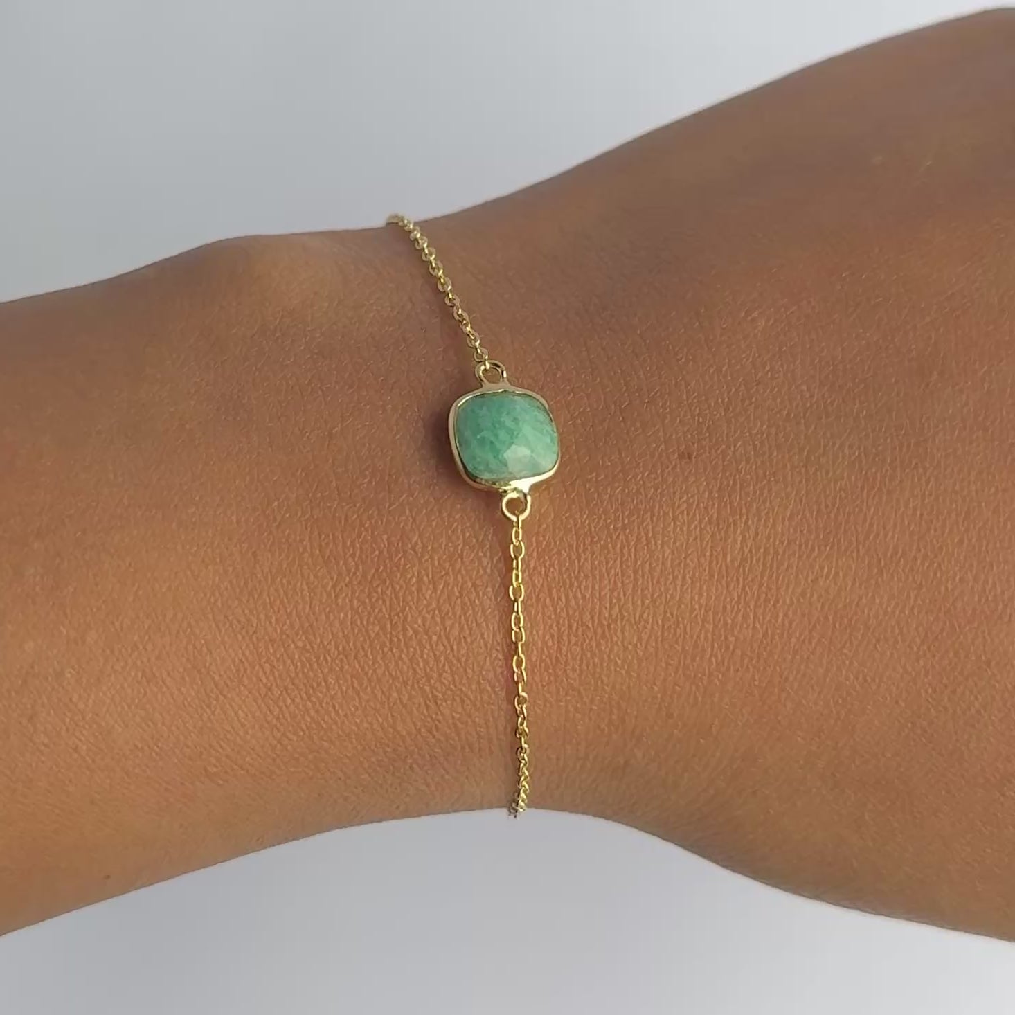 Minimal Adjustable Bracelet in 3 micron 18k Gold Plated Sterling Silver with a Squared Shaped Amazonite Gemstone