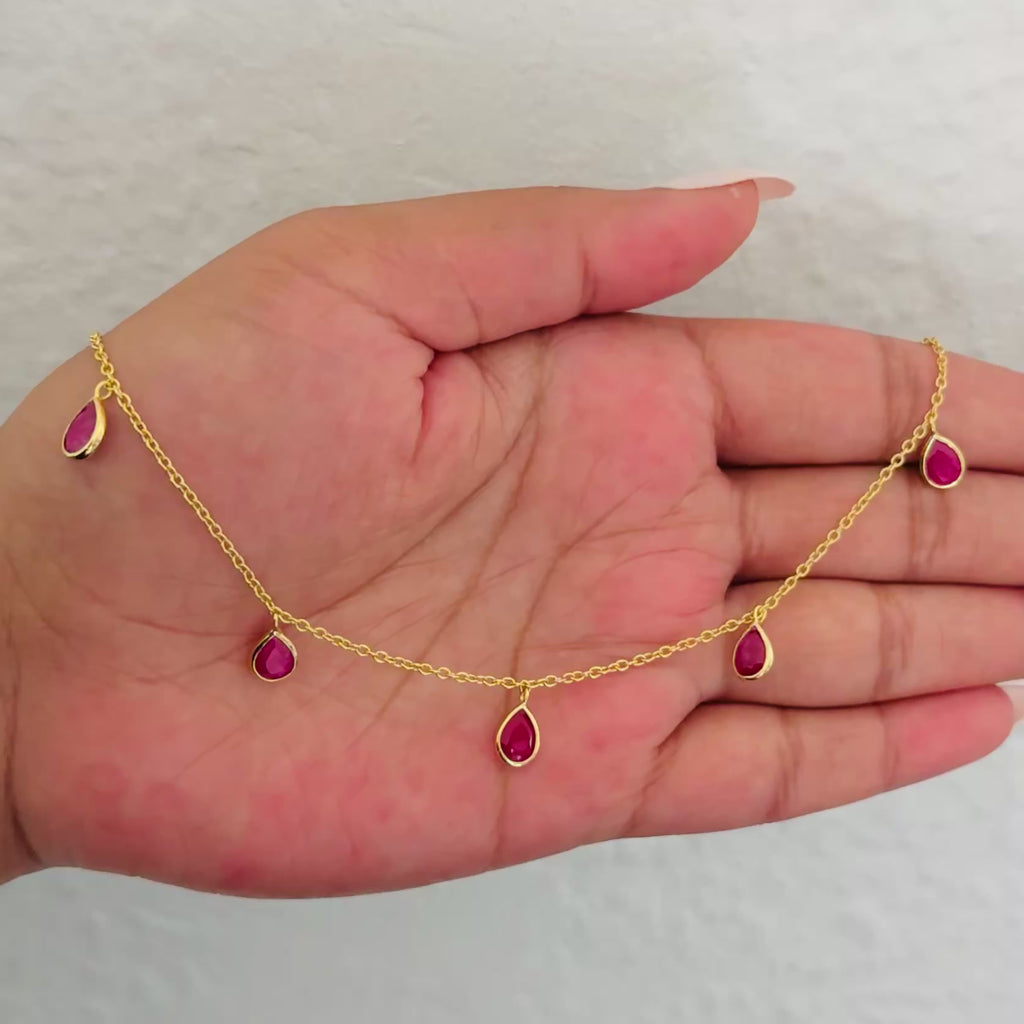 Five Teardrop Shaped Ruby Quartz Gemstone Necklace in Vermeil Gold Milina London 