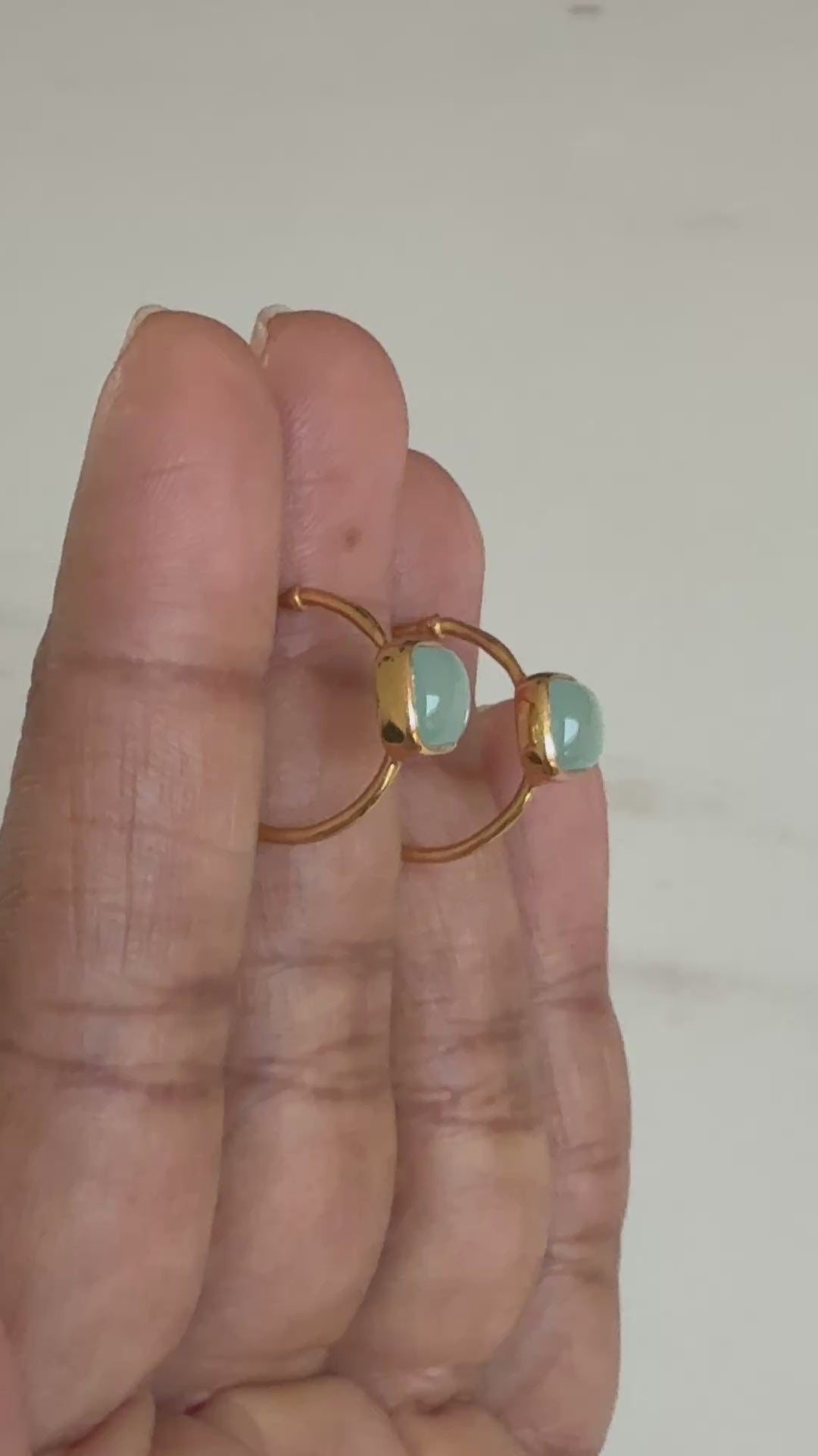 Minimal Gold Plated Sterling Silver Small Hoops with a Square Cabochon Gemstone - Aqua Chalcedony