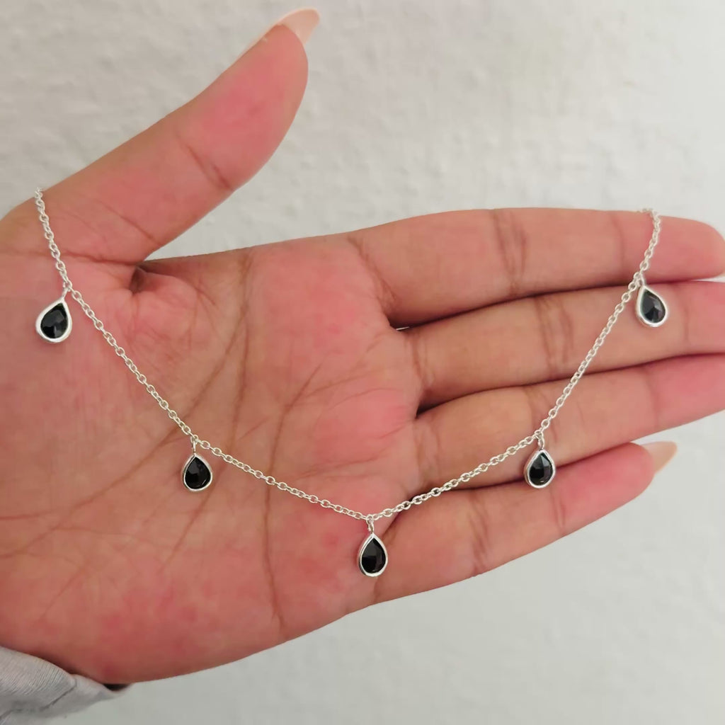 Five Teardrop Shaped Black Onyx Gemstone Necklace in Sterling Silver Milina London 