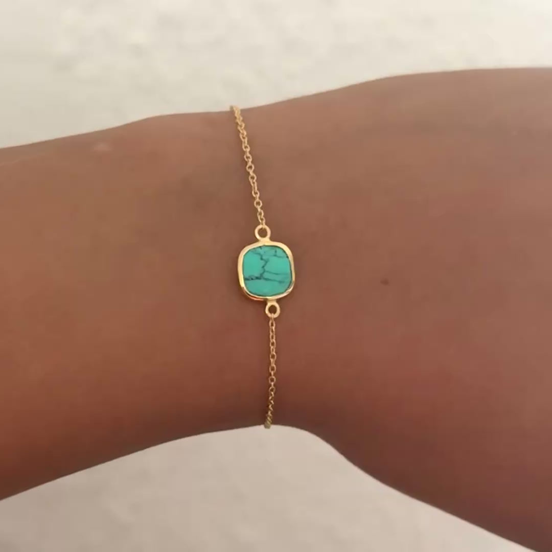 Minimal Adjustable Bracelet in 3 micron 18k Gold Plated Sterling Silver with a Squared Shaped Turquoise Gemstone