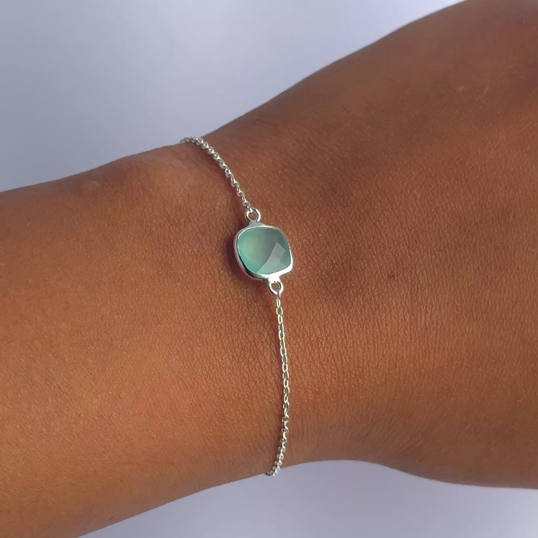 Minimal Adjustable Bracelet in Sterling Silver with a Square-Shaped Aqua Chalcedony Gemstone
