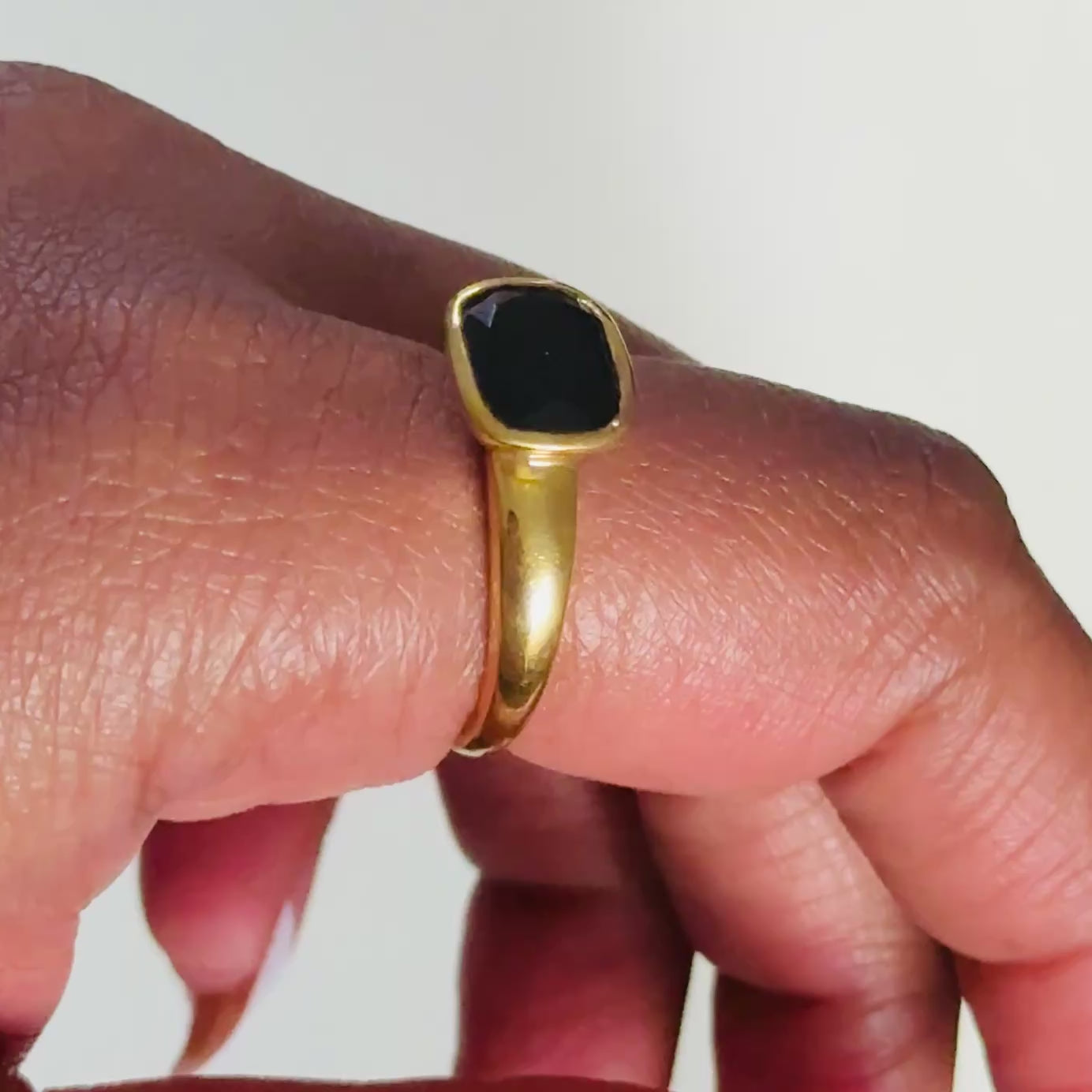 Faceted Rectangular Cut Natural Gemstone Gold Plated Sterling Silver Ring - Black Onyx