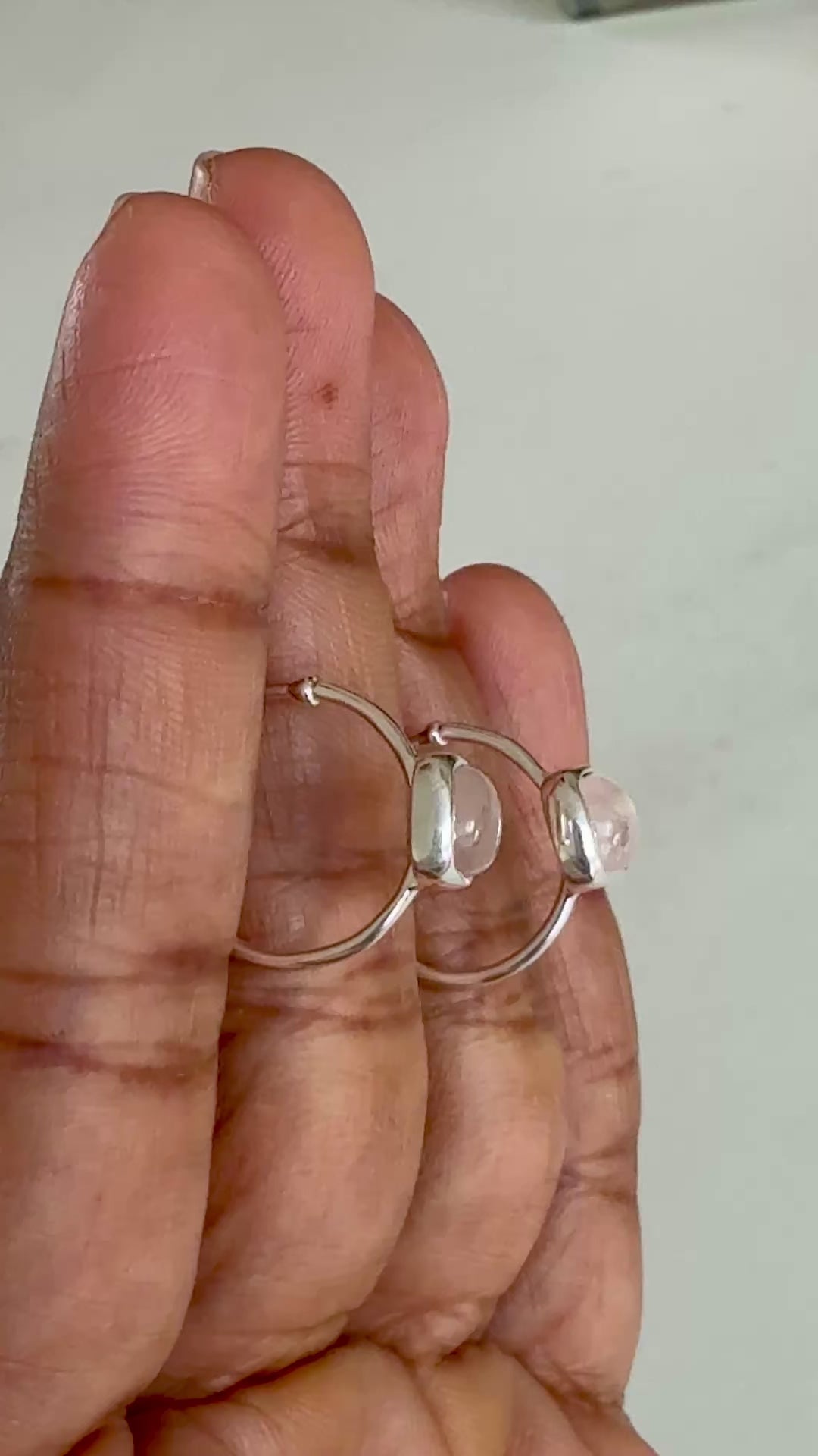 Minimal Sterling Silver Small Hoops with a Square Cabochon Gemstone - Rose Quartz