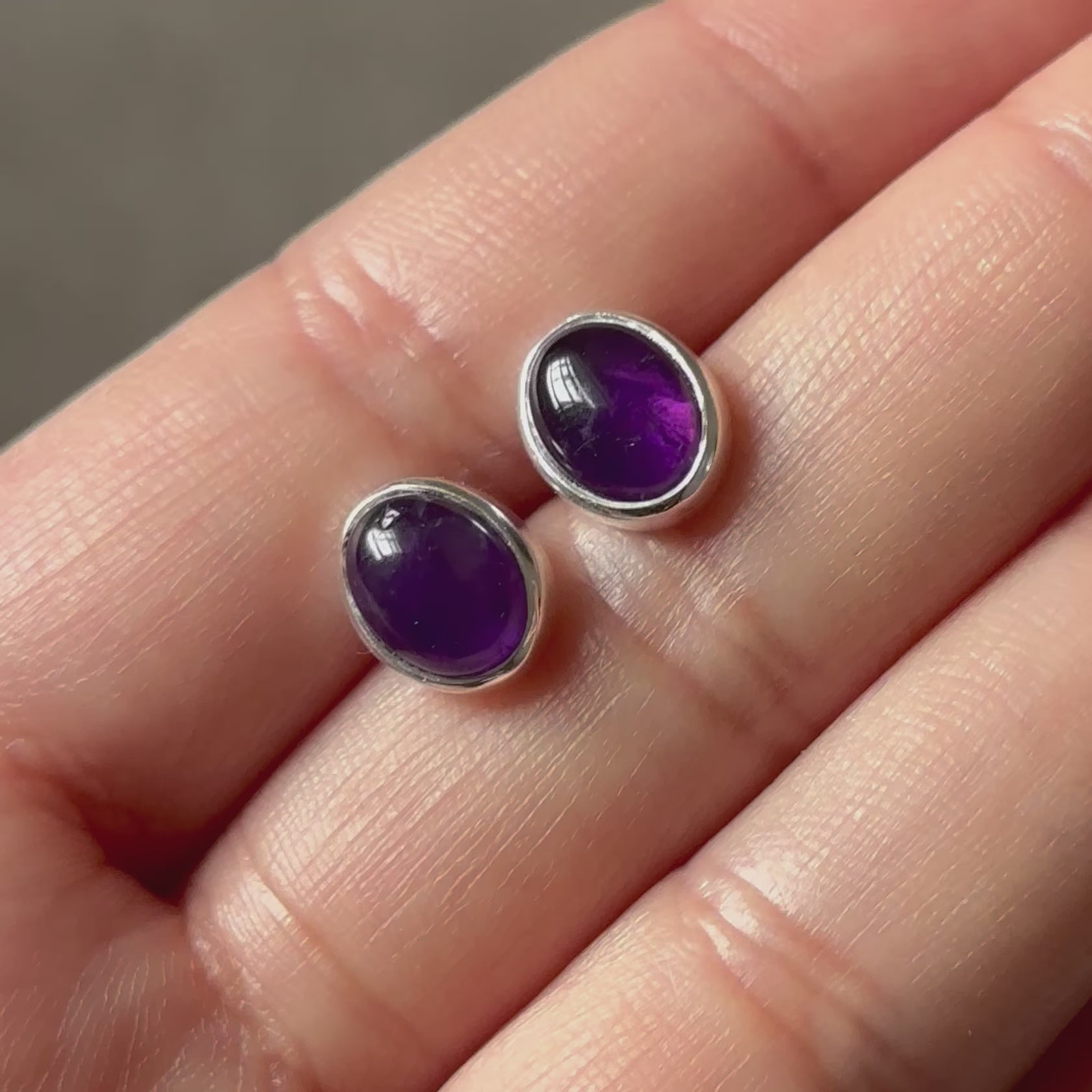 Sterling Silver Oval Stud Earrings with Cabochon Cut Amethyst Gemstone