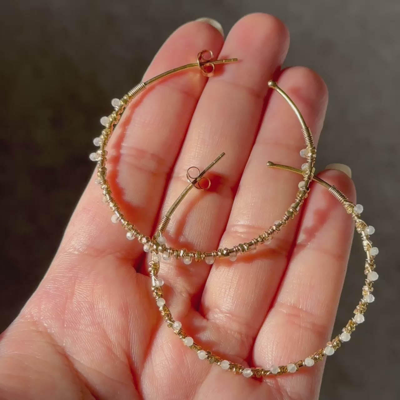 Large Hoop Earrings in Gold Plated Sterling Silver with Moonstone Gemstone