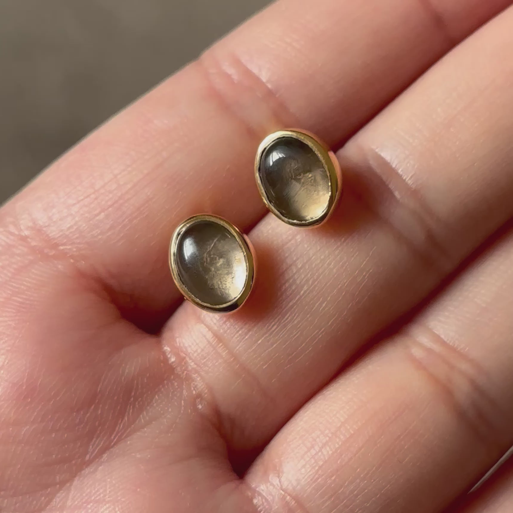 Gold Plated Sterling Silver Oval Stud Earrings with Cabochon Cut Smoky Quartz Gemstone