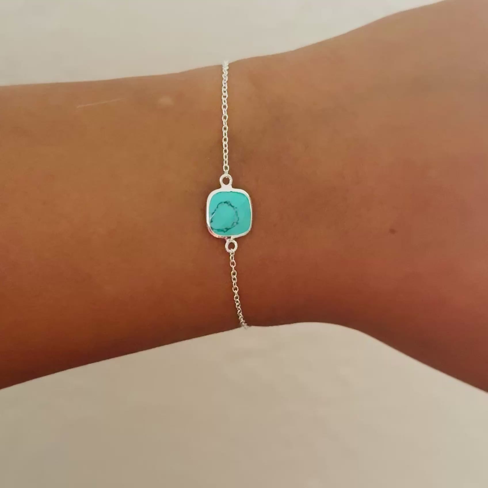 Minimal Adjustable Bracelet in Sterling Silver with a Square-Shaped Turquoise Gemstone