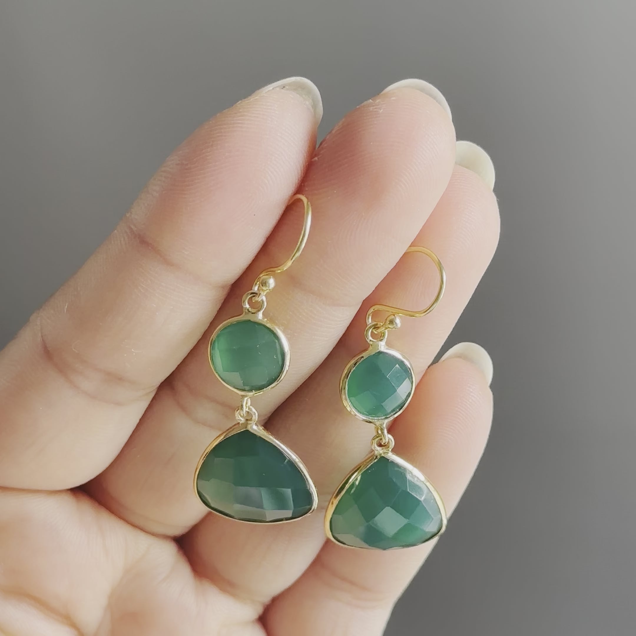 Green Onyx Gemstone Earrings in Gold Plated Sterling Silver - Triangular