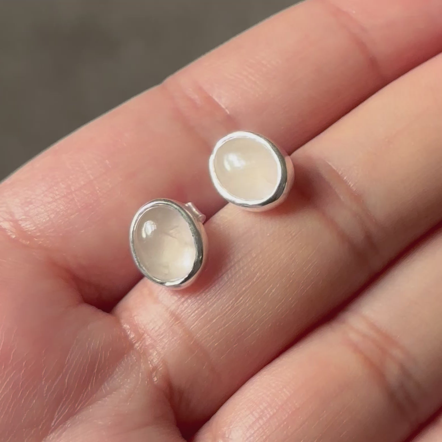 Sterling Silver Oval Stud Earrings with Cabochon Cut Rose Quartz Gemstone