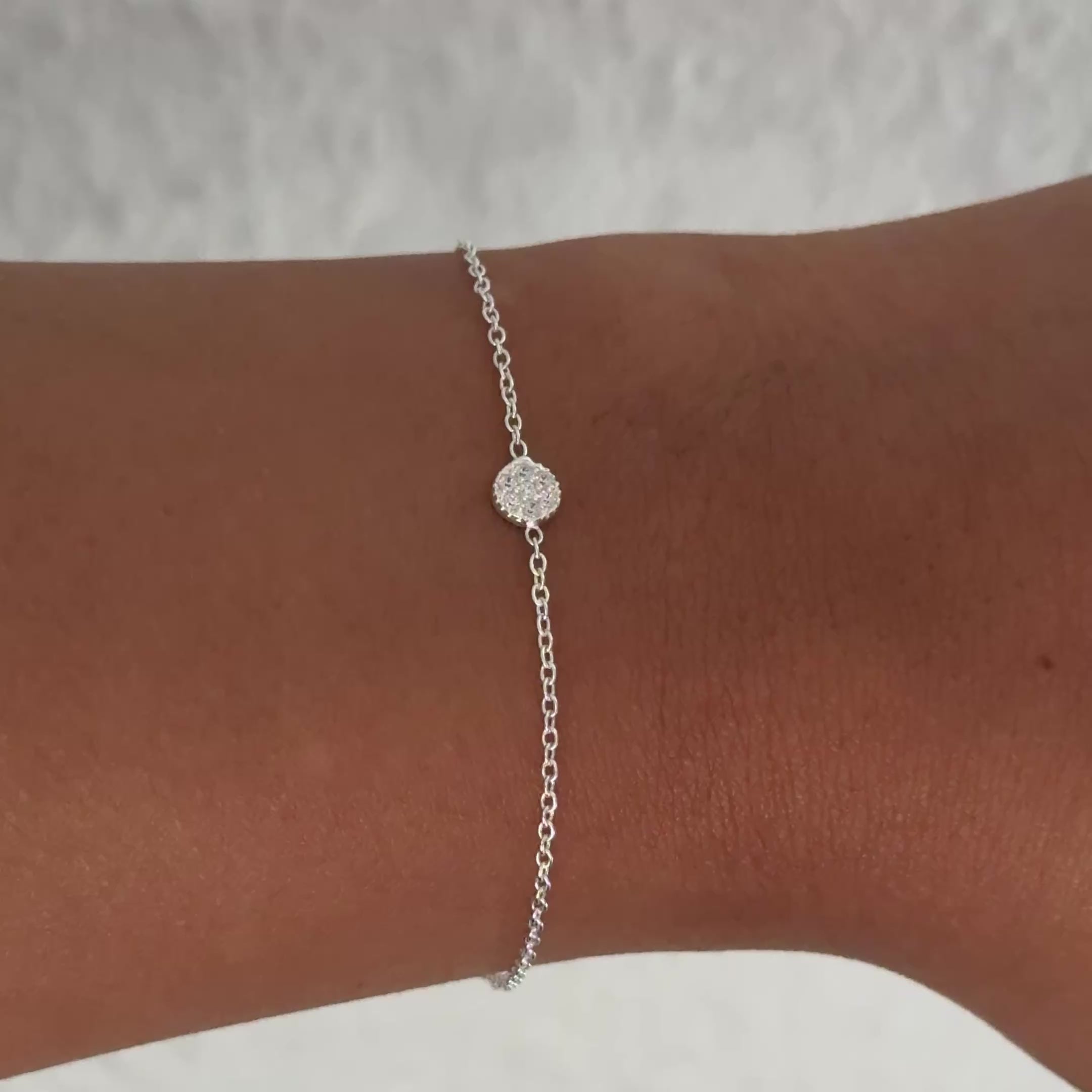 Sterling Silver Small Cubic Zirconia Disc Bracelet on a Delicate Adjustable Chain