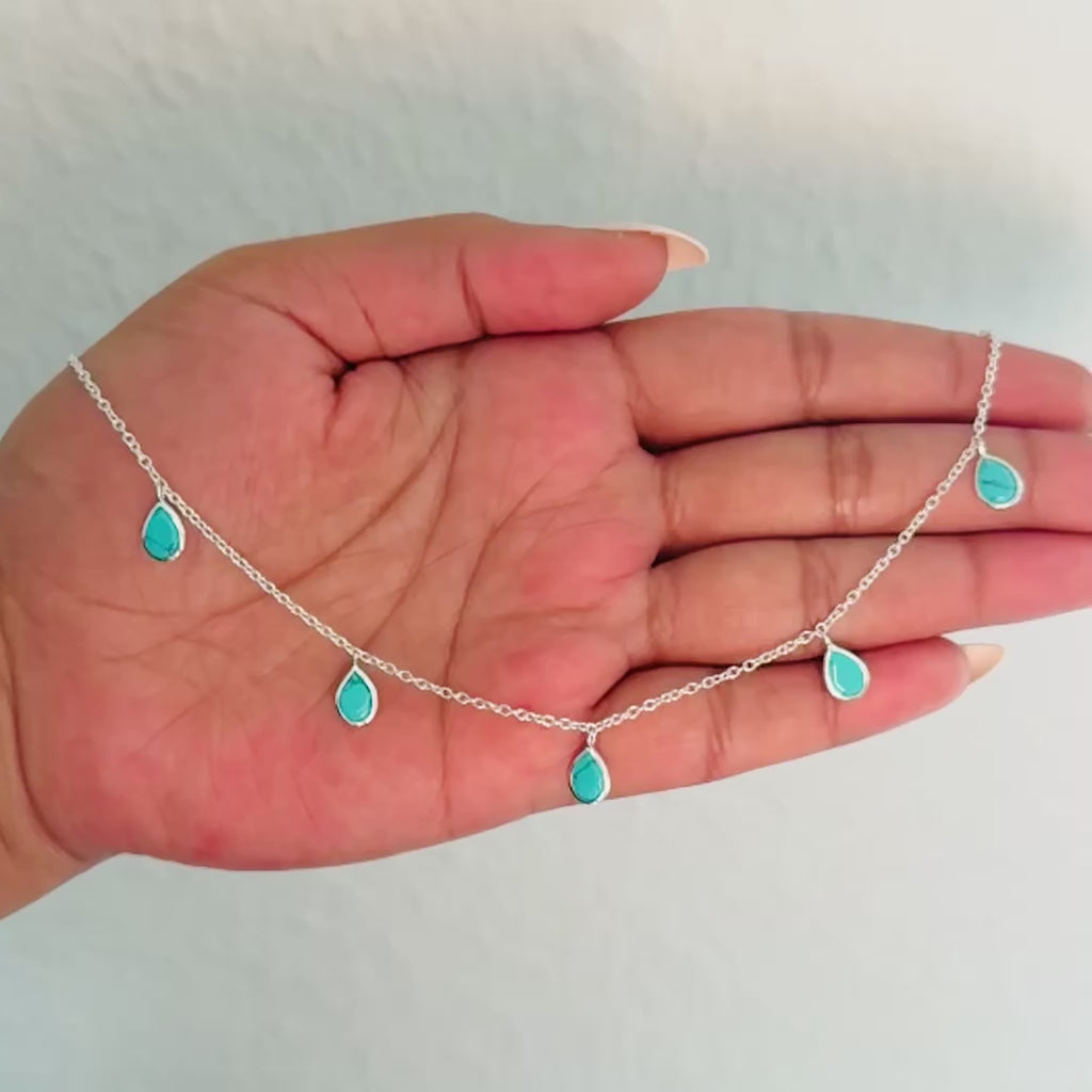 Five Teardrop Shaped Turquoise Gemstone Necklace in Sterling Silver Milina London 