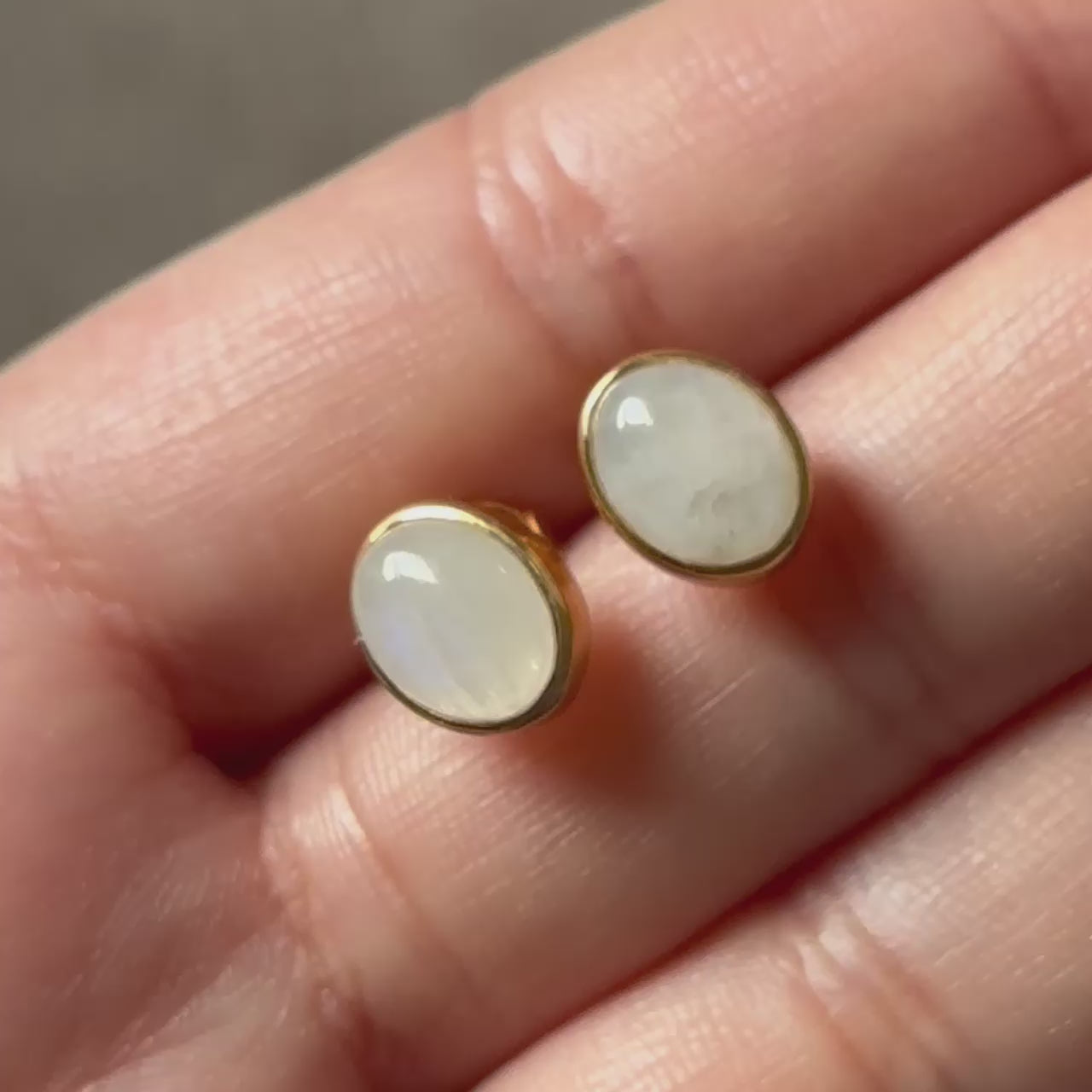 Gold Plated Sterling Silver Oval Stud Earrings with Cabochon Cut Moonstone Gemstone
