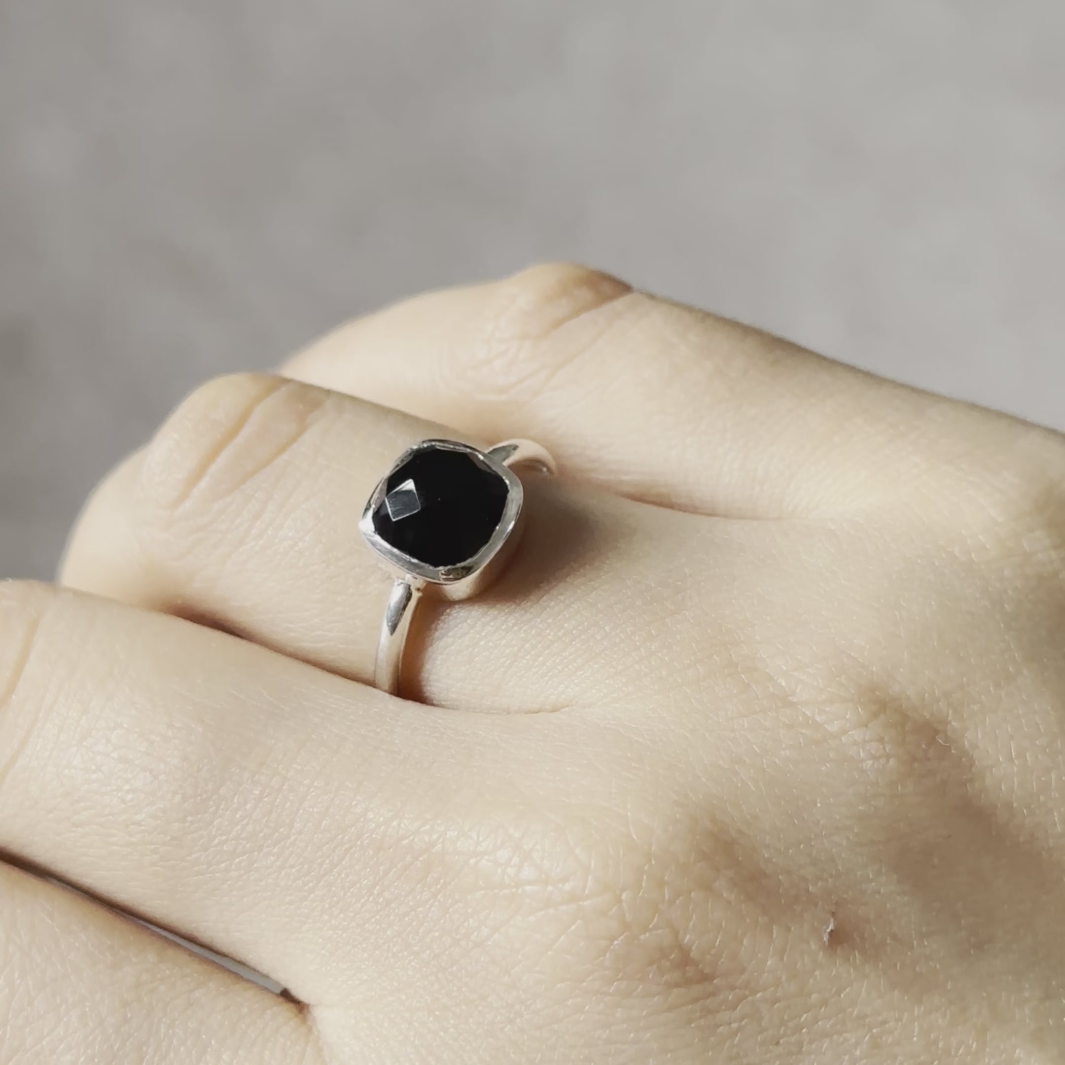 Square Cut Natural Gemstone Sterling Silver Solitaire Ring - Black Onyx