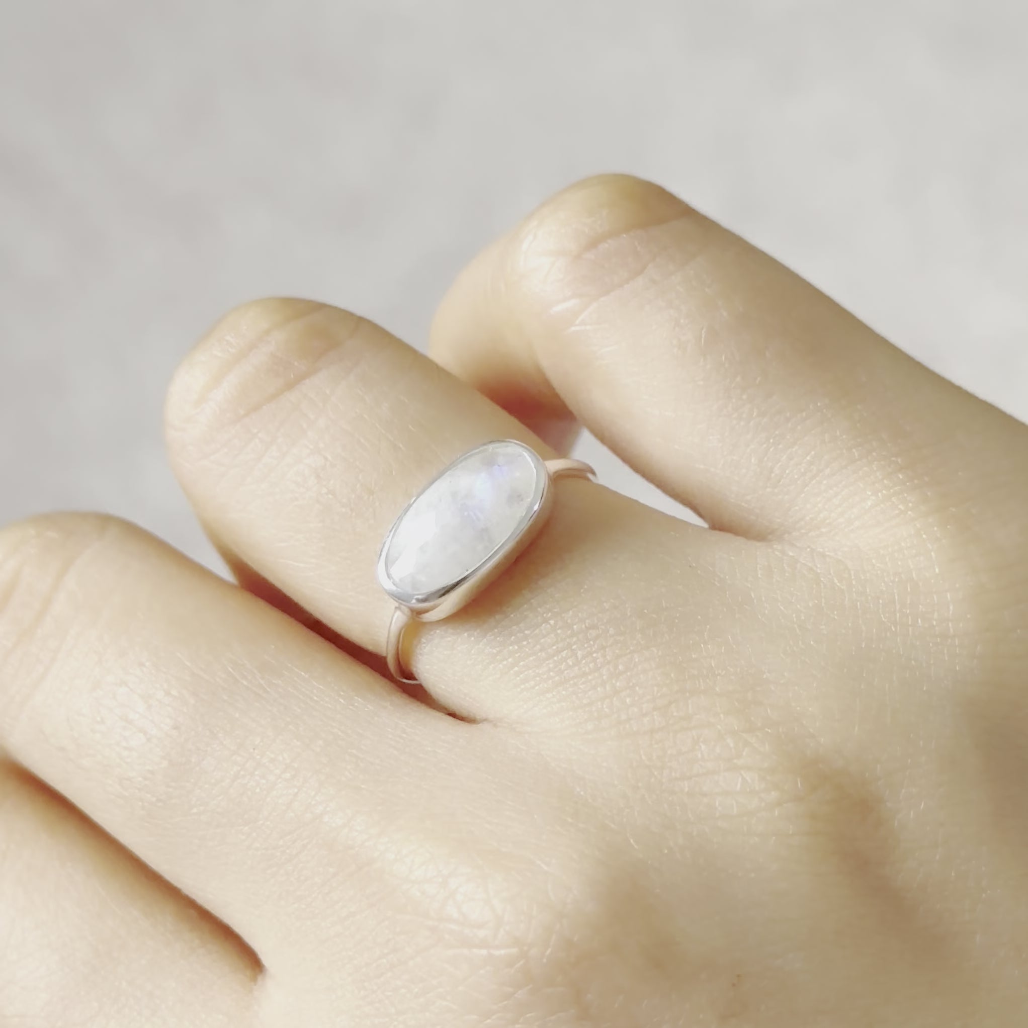 Faceted Oval Cut Natural Gemstone Sterling Silver Fine Band Ring - Moonstone