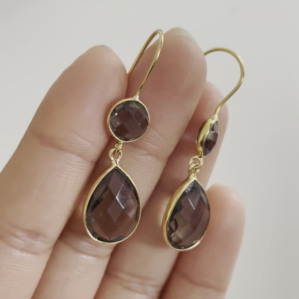 Smoky Quartz Gemstone Two Stone Earrings in Gold Plated Sterling Silver - Teardrop