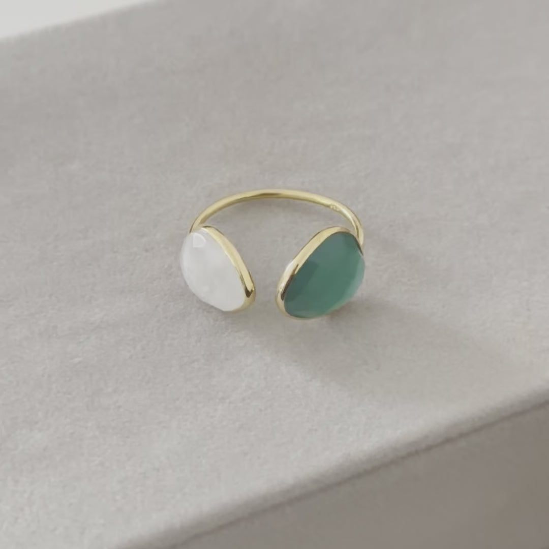 Gold Plated Sterling Silver Two Gemstone Ring with Green Onyx and Moonstone