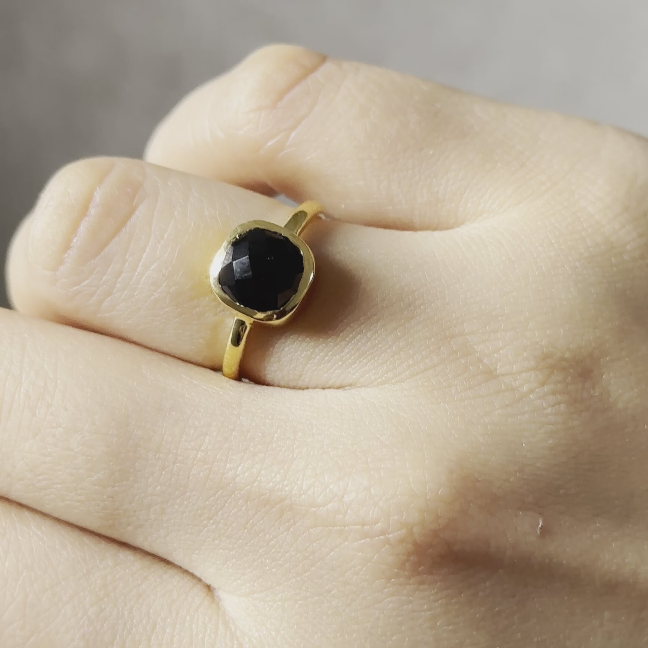 Square Cut Natural Gemstone Gold Plated Sterling Silver Solitaire Ring -Black Onyx