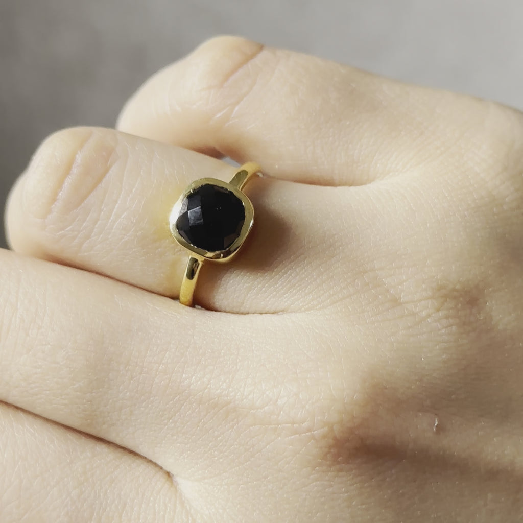 Square Cut Natural Gemstone Gold Plated Sterling Silver Solitaire Ring -Black Onyx