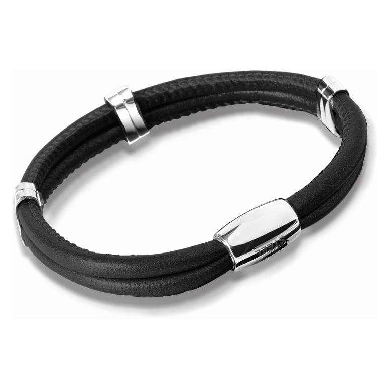 Black Leather Men's Bracelet with a Magnetic Stainless Steel Clasp and Spacers