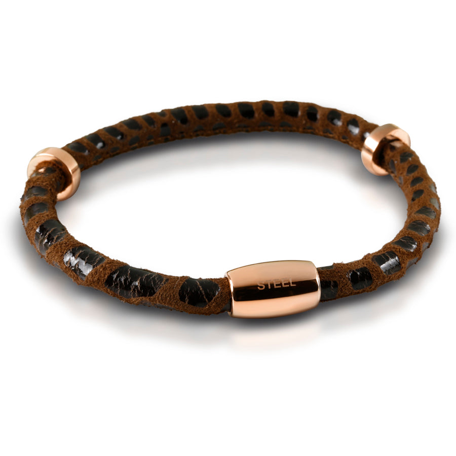 Brown Textured Leather Men's Bracelet with a Magnetic Rose Gold Plated Steel Clasp and Spacers