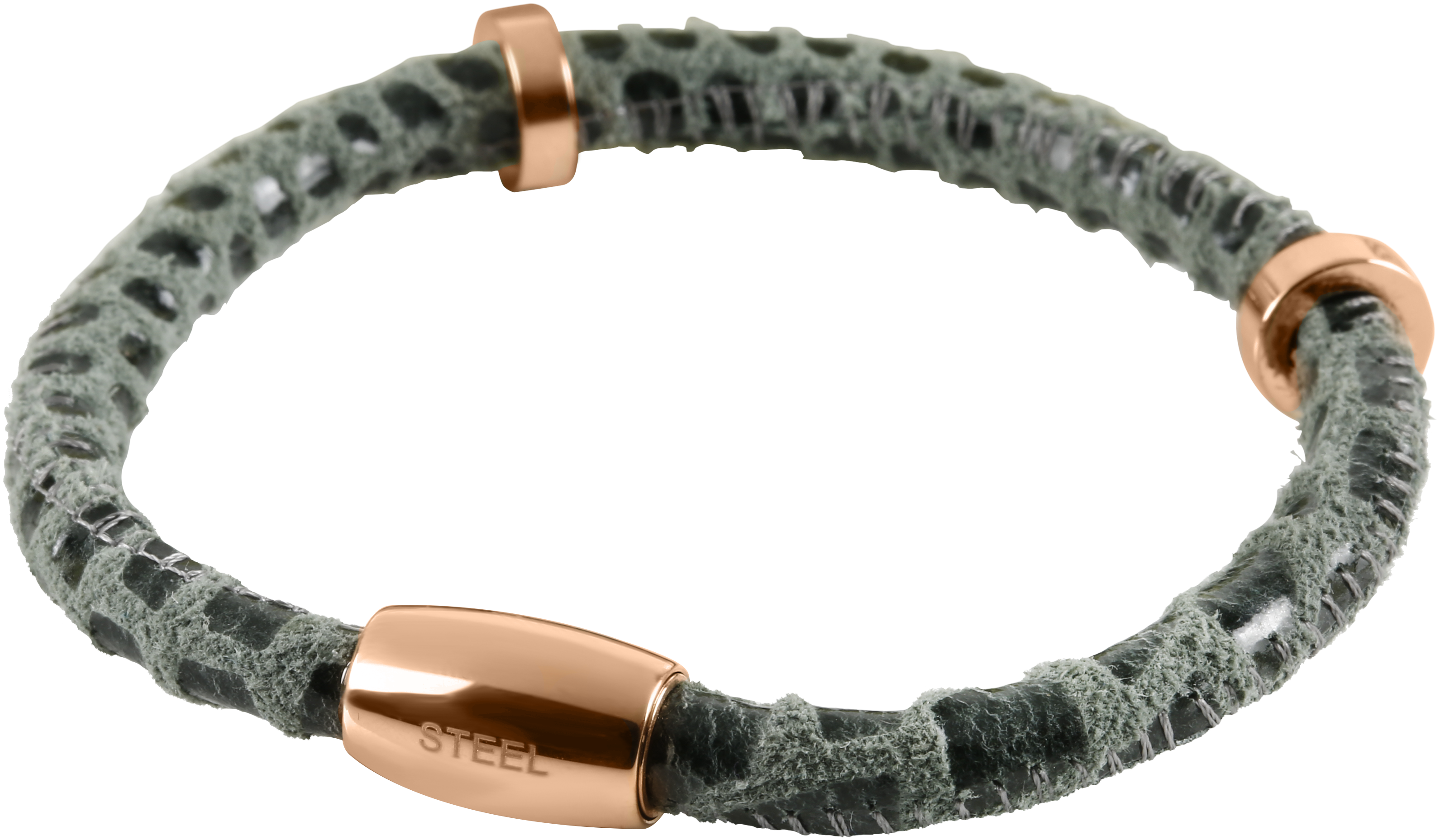 Grey Textured Leather Men's Bracelet with a Magnetic Rose Gold Plated Steel Clasp and Spacers