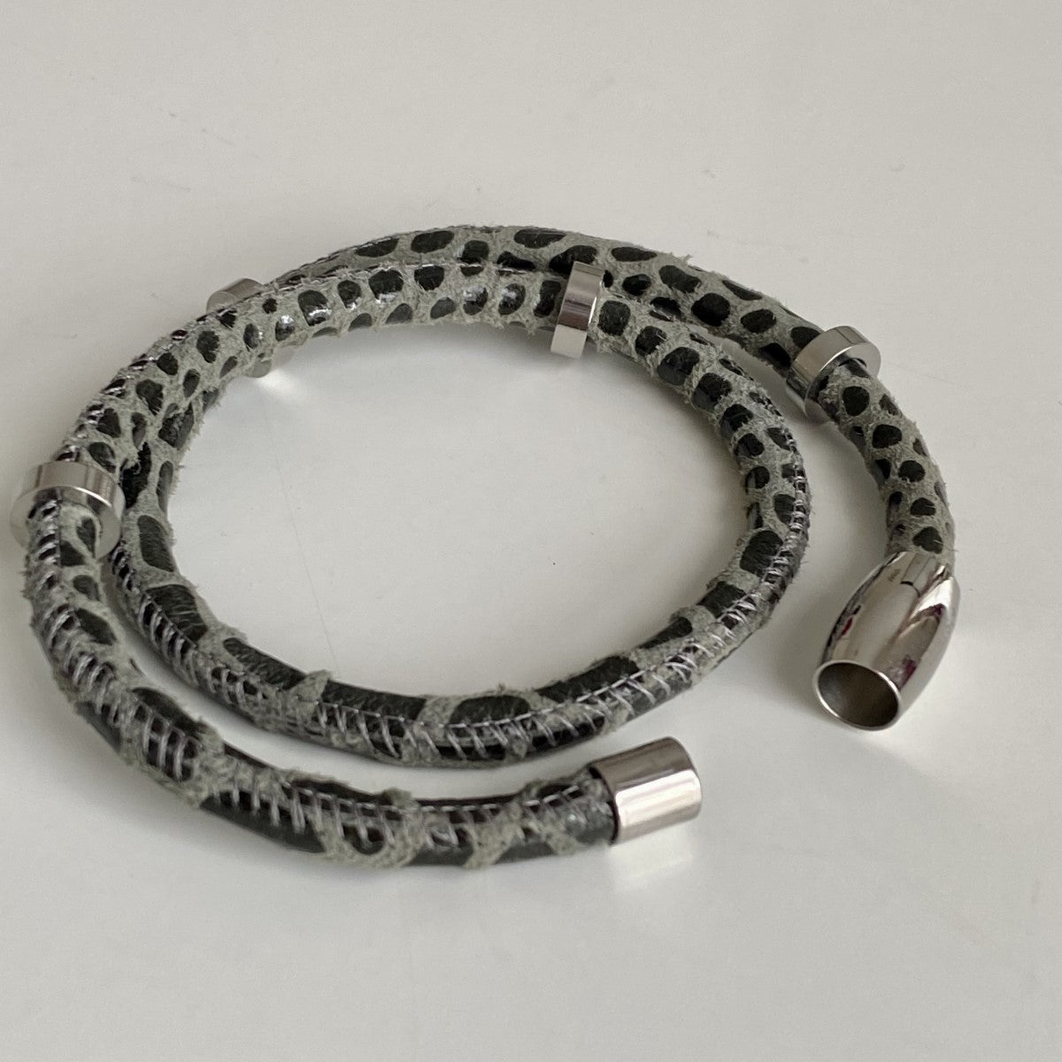 Grey Textured Leather Double Men's Bracelet with a Magnetic Stainless Steel Clasp and Spacers