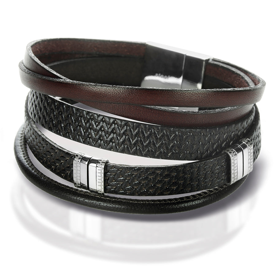 Men's Brown Nappa Leather Bracelet with 5 Bands, Spacers and a Magnetic Stainless Steel Clasp