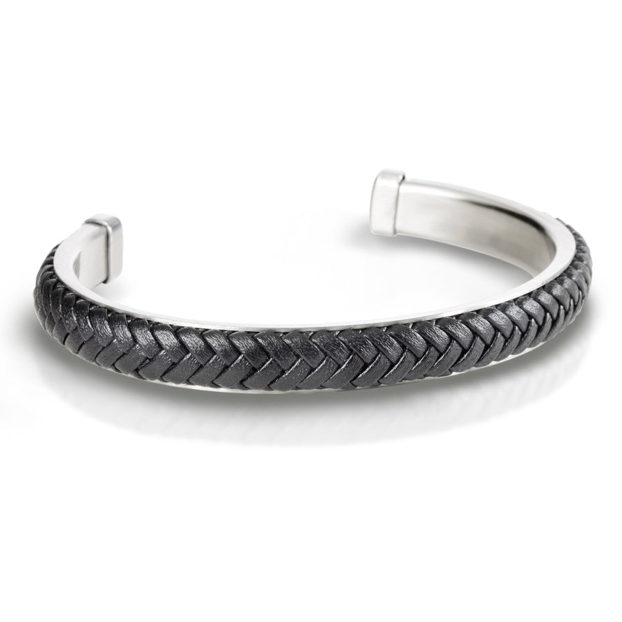 Men's Cuff with Braided Pure Black Leather on Brushed Stainless Steel
