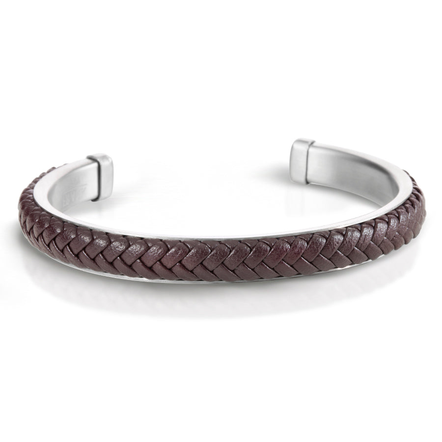 Men's Cuff with Braided Pure Brown Leather on Brushed Stainless Steel