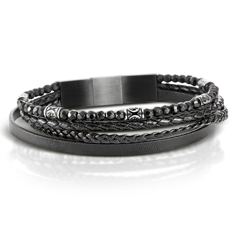 Black Nappa Leather 4 Band Bracelet with Black Onyx and Magnetic Steel Clasp