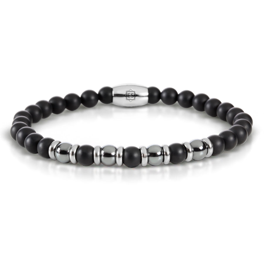 Matte Black Onyx and Haematite Bead Bracelet with Stainless Steel Spacers