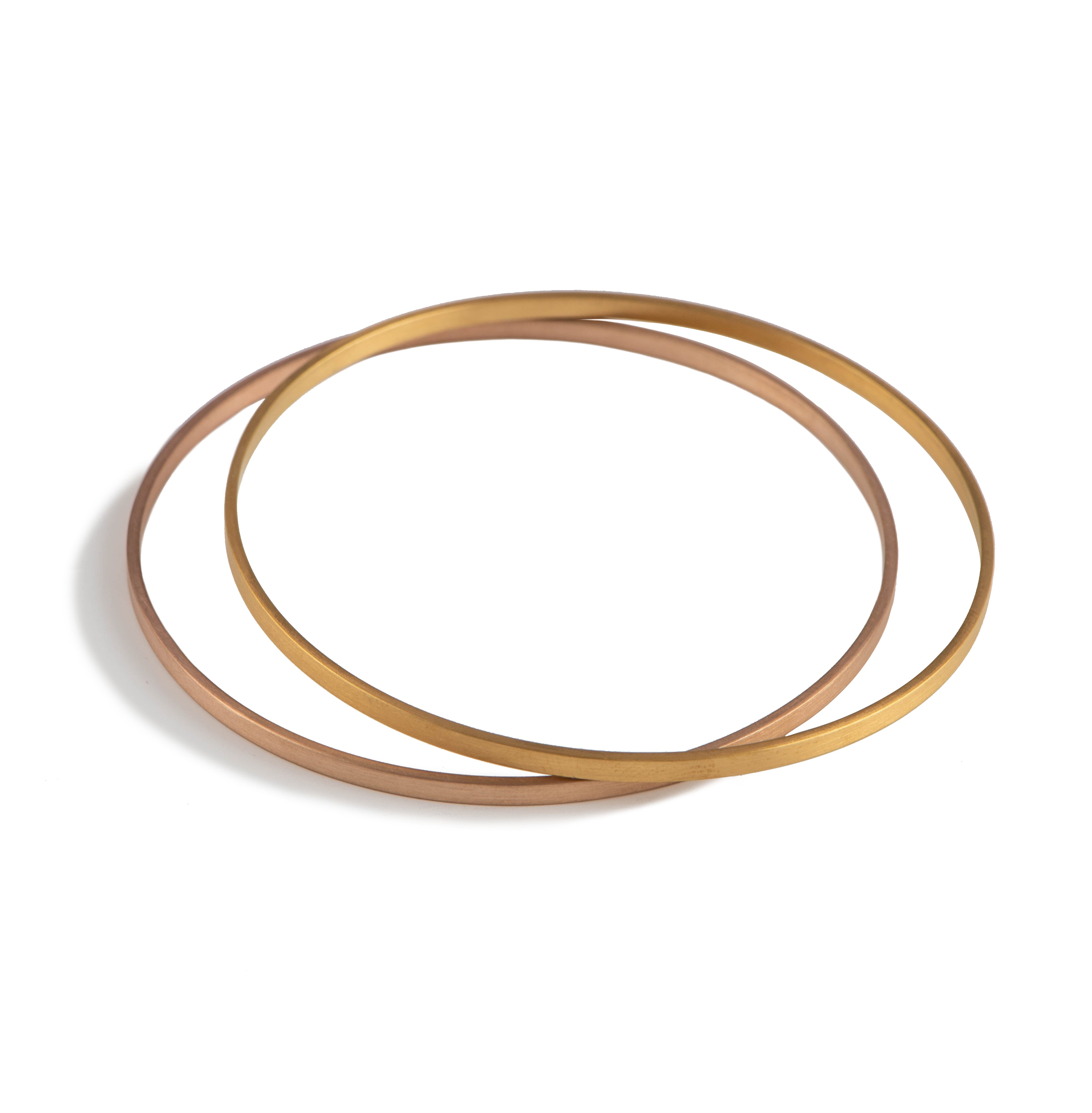 Sterling Silver Gold & Rose Plated Flat Round Bangles Brushed (Pair) - 1 Gold, 1 Rose Gold Plated