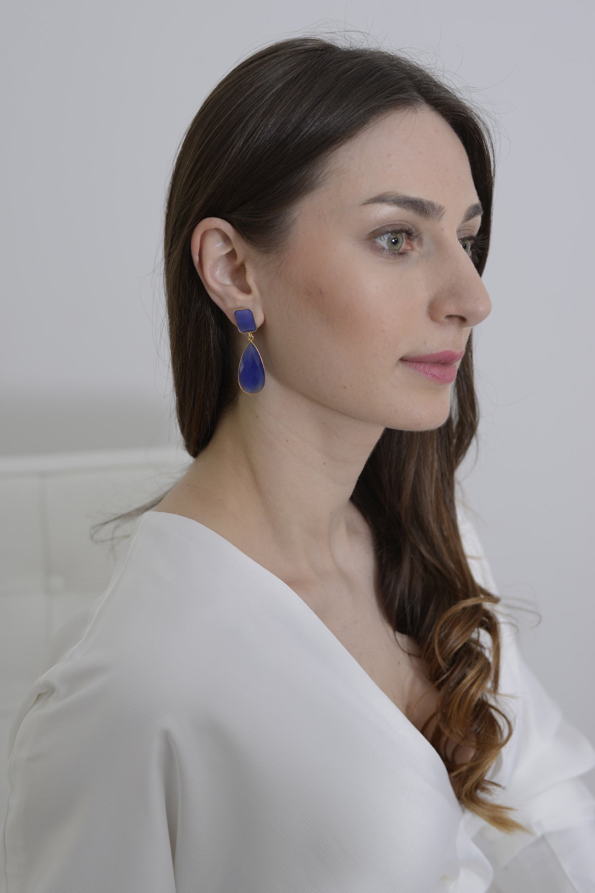 Long Statement Earrings with a Rectangle Stone and Long Pear Shaped Stone Drop  - Aqua Chalcedony