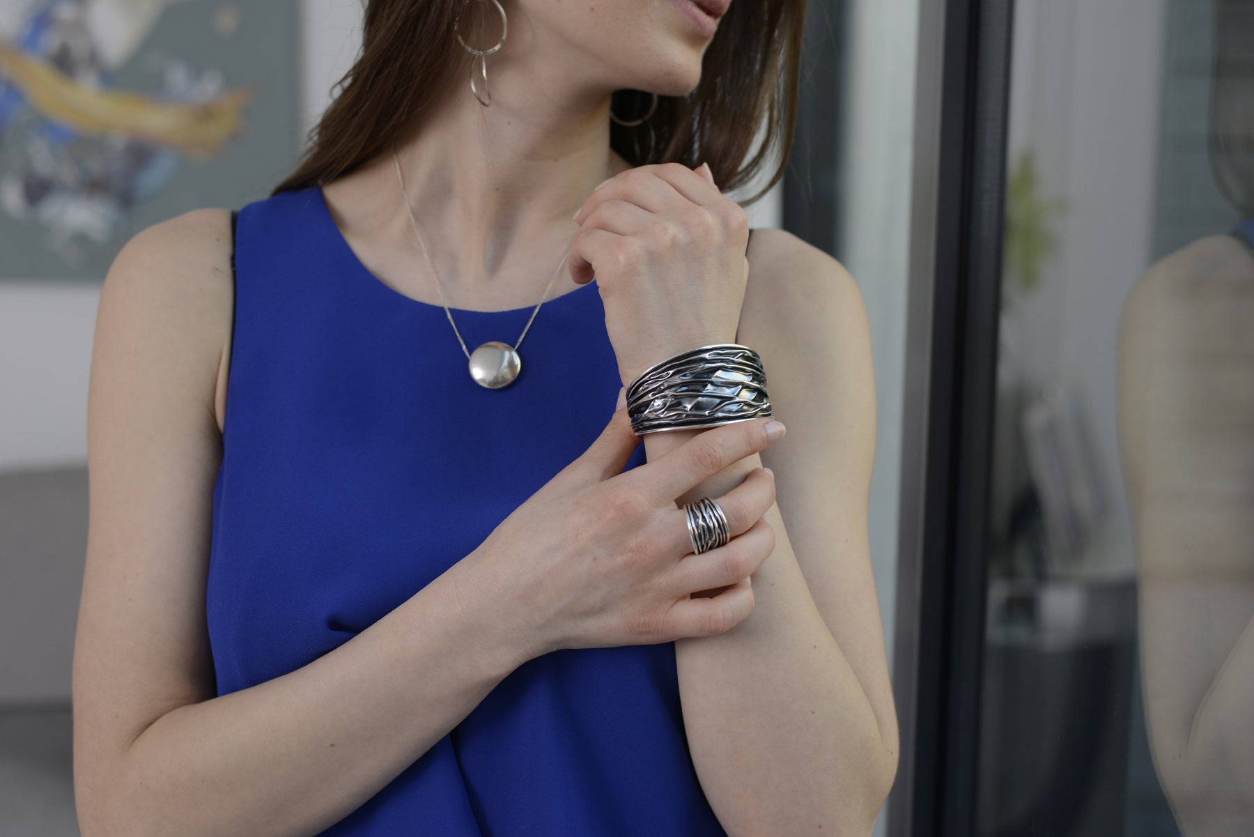 Wide Oxidised Sterling Silver Textured Patterned Cuff