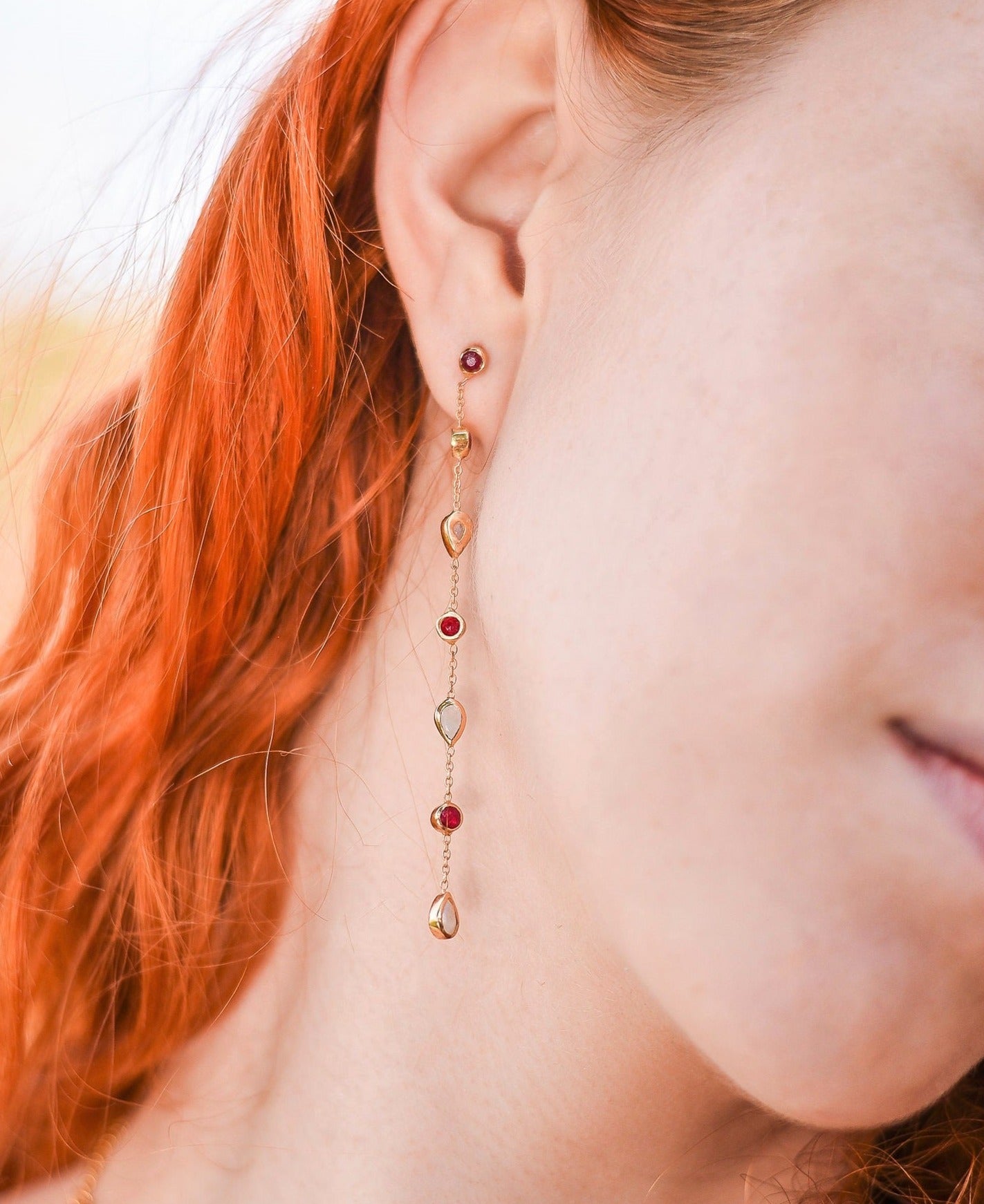 Ruby Quartz and Moonstone Earring