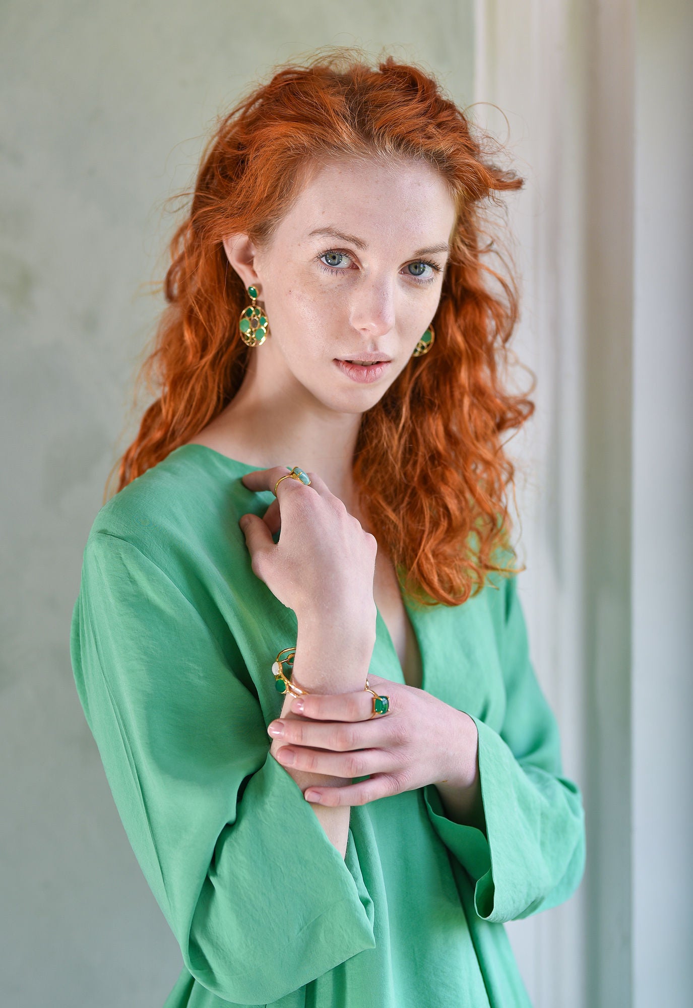 Long Gemstone Earrings with a Round Disc Drop with Stones in Gold Plated Sterling Silver - Green Chalcedony and Green Onyx