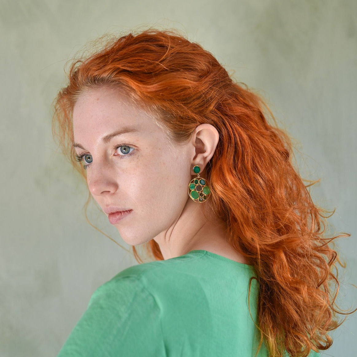 Long Gemstone Earrings with a Round Disc Drop with Stones in Gold Plated Sterling Silver - Green Chalcedony and Green Onyx