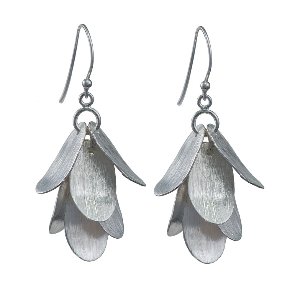 Falling Leaves Brushed Silver Long Dangle Earrings