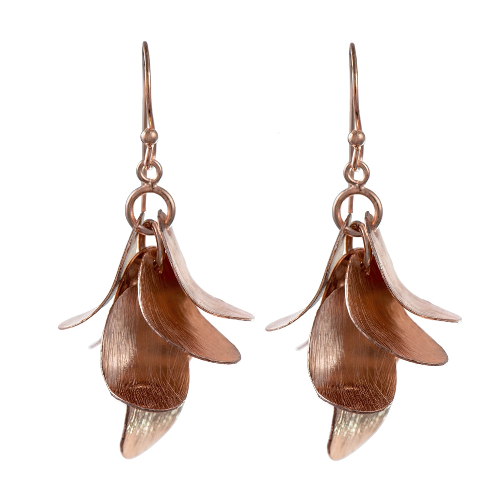 Falling Leaves Brushed Rose Gold Plated Silver Long Dangle Earrings