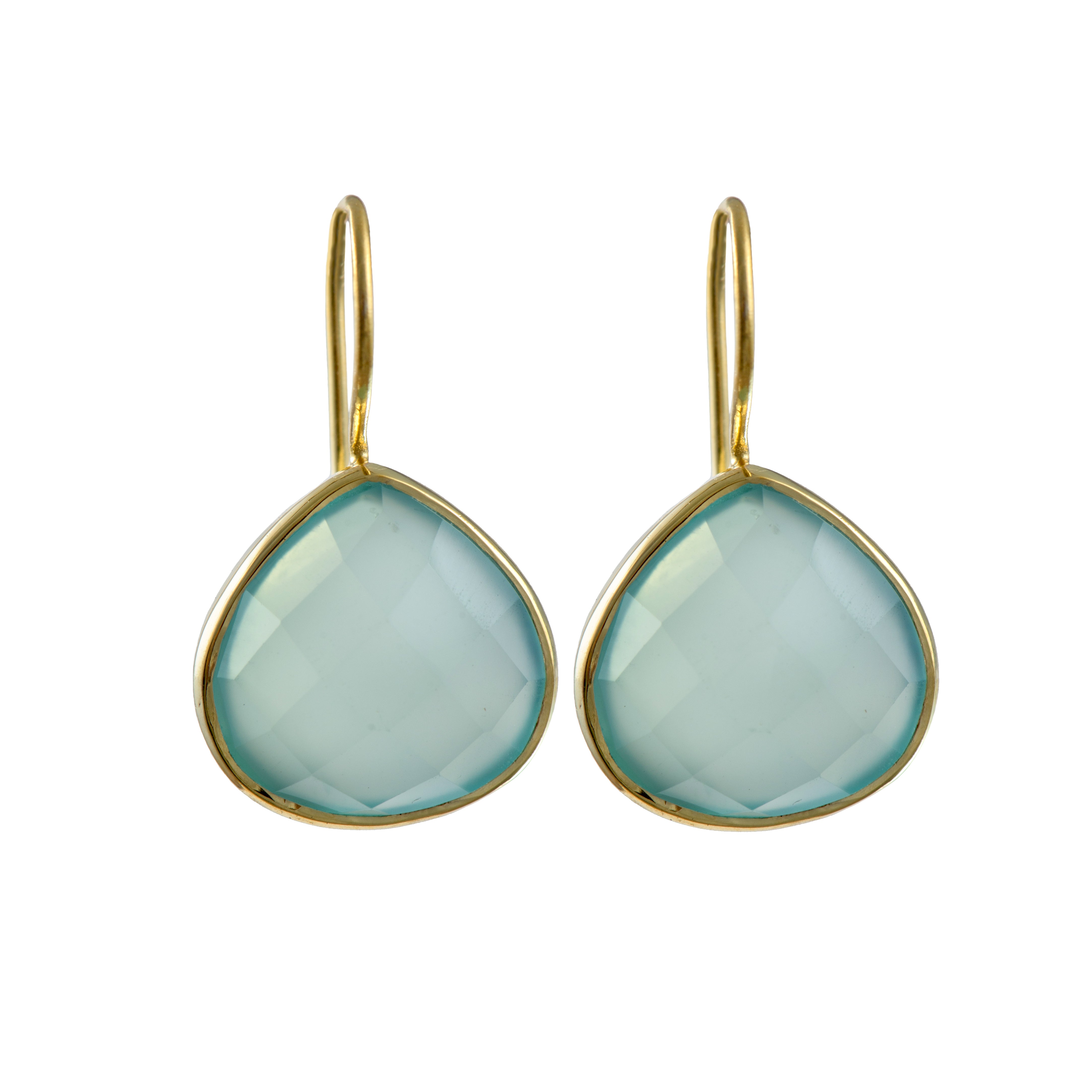 Aqua Chalcedony Gemstone Gold Plated Sterling Silver Teardrop Earrings