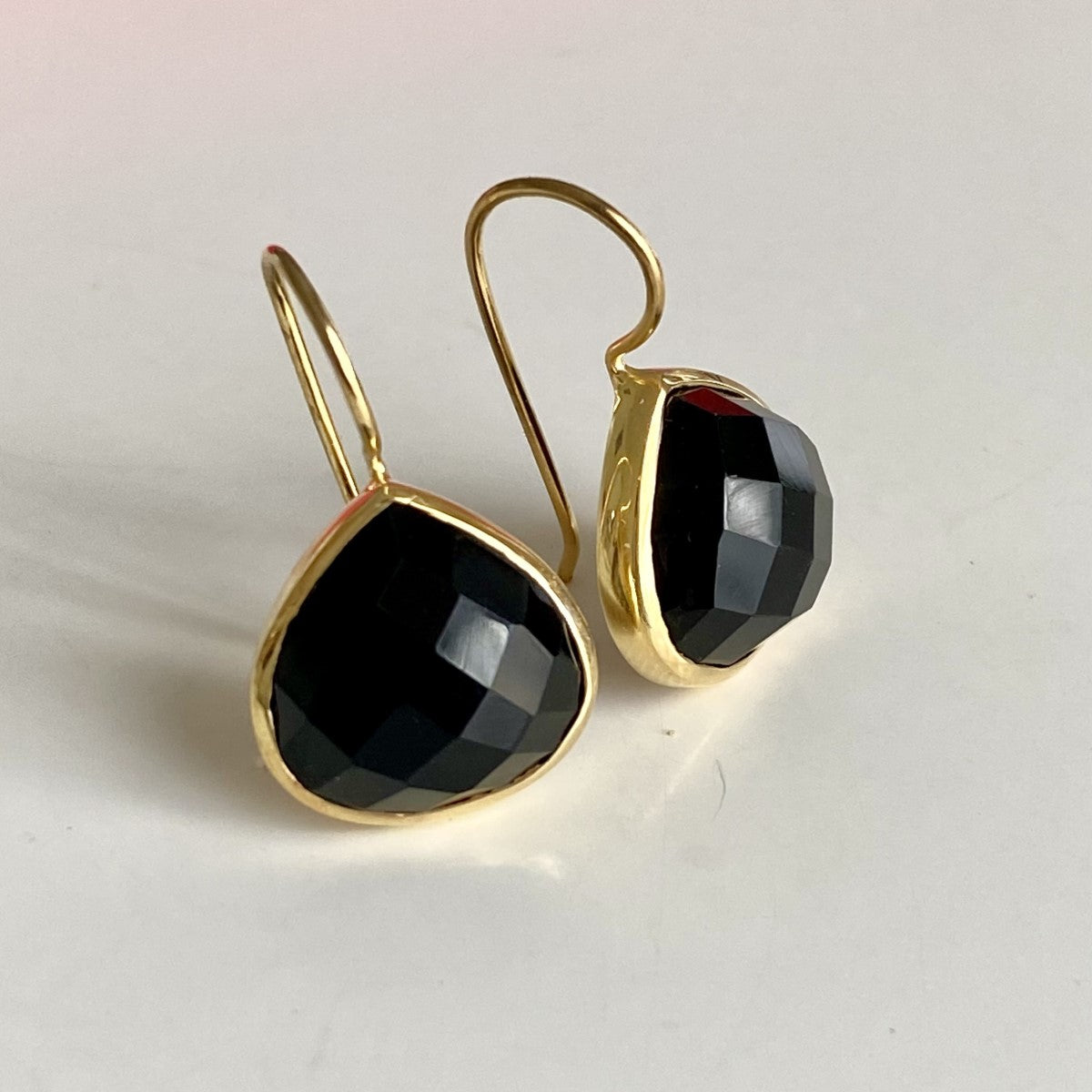 Black Onyx Gemstone Gold Plated Sterling Silver Teardrop Earrings- Milina London