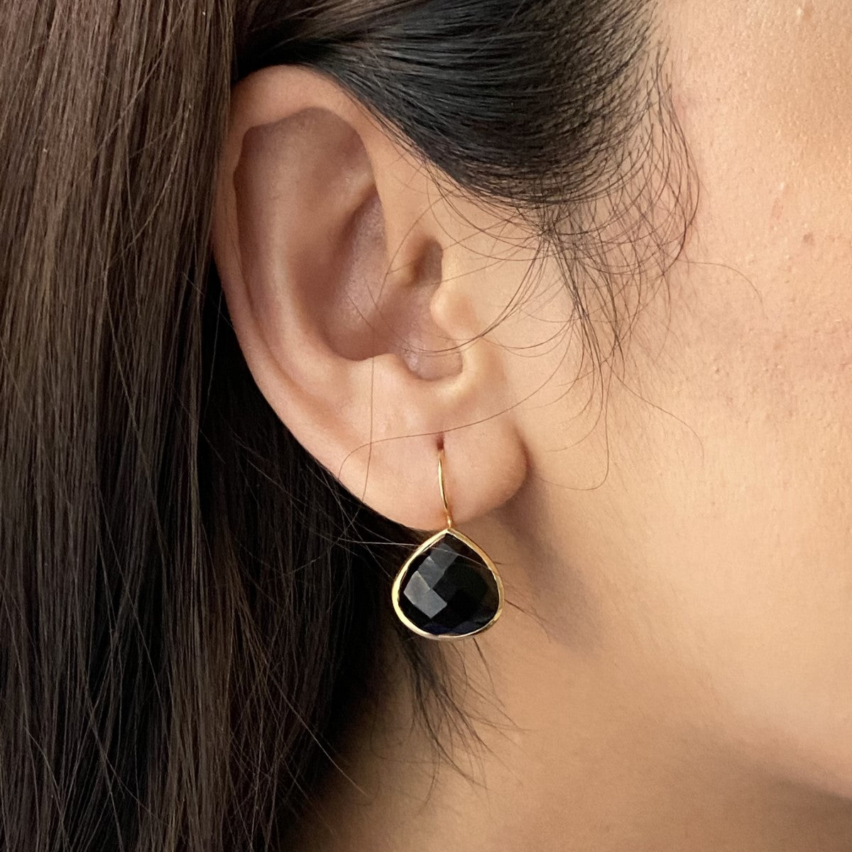 Black Onyx Gemstone Gold Plated Sterling Silver Teardrop Earrings- Milina London